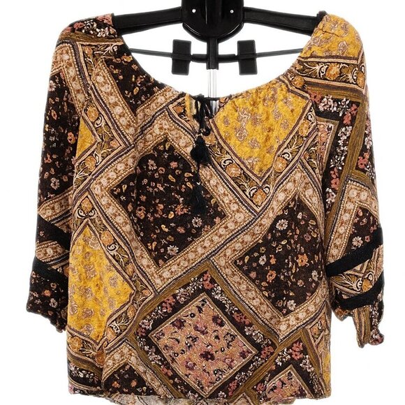 Cato Tops - Bohemian Floral Patchwork Blouse – Yellow & Blue, Cato 22W/24W